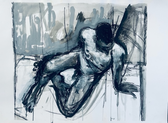 Man-looking-down-Liquid-acrylic-and-charcoal-on-paper-60x54cm5687